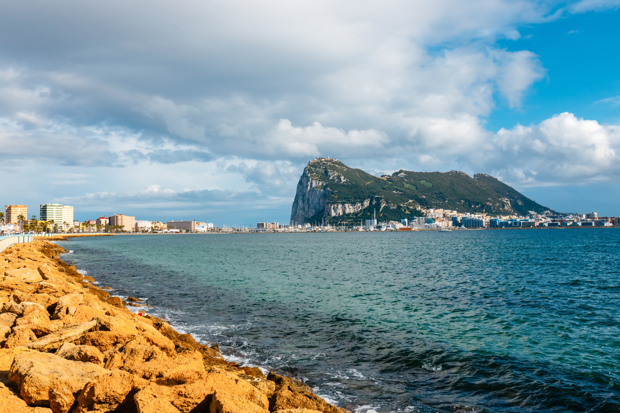 The Rock of Gibraltar and the coastline across the bay